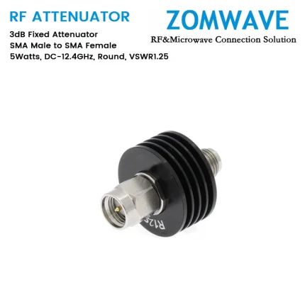 3dB Fixed Attenuator, SMA Male to SMA Female, 5Watts, DC-12.4GHz, Round, VSWR1.25