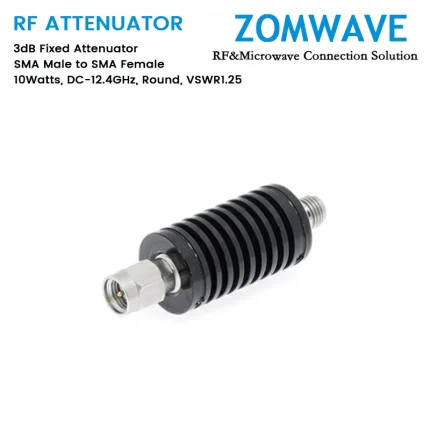 3dB Fixed Attenuator, SMA Male to SMA Female, 10Watts, DC-12.4GHz, Round, VSWR1.25