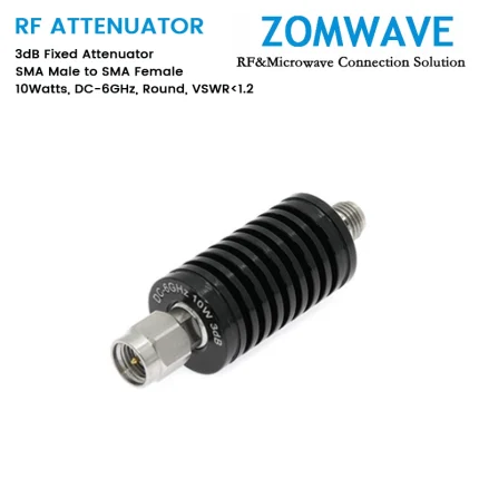 3dB Fixed Attenuator, SMA Male to SMA Female, 10Watts, DC-6GHz, Round, VSWR1.2
