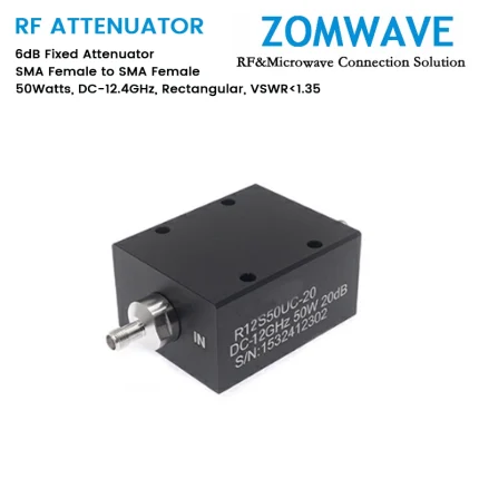 6dB Fixed Attenuator, SMA Female to SMA Female, 50Watts, DC-12.4GHz, Rectangular, VSWR1.35