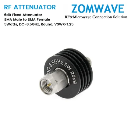 6dB Fixed Attenuator, SMA Male to SMA Female, 5Watts, DC-8.5GHz, Round, VSWR1.25
