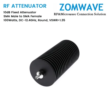 10dB Fixed Attenuator, SMA Male to SMA Female, 100Watts, DC-12.4GHz, Round, VSWR1.35