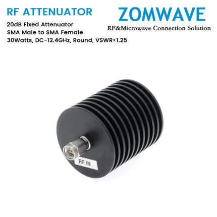 20dB Fixed Attenuator, SMA Male to SMA Female, 30Watts, DC-12.4GHz, Round, VSWR1.25