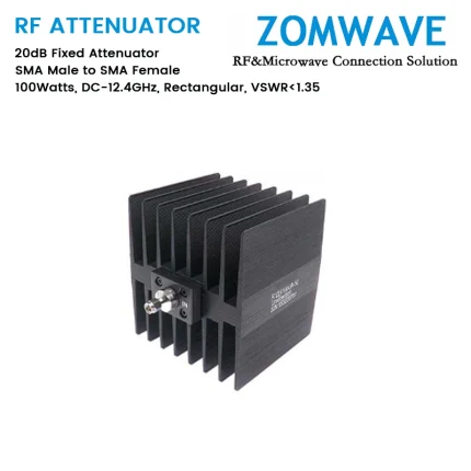 20dB Fixed Attenuator, SMA Male to SMA Female, 100Watts, DC-12.4GHz, Rectangular, VSWR1.35