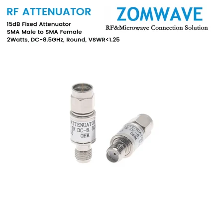 15dB Fixed Attenuator, SMA Male to SMA Female, 2Watts, DC-8.5GHz, Round, VSWR1.25