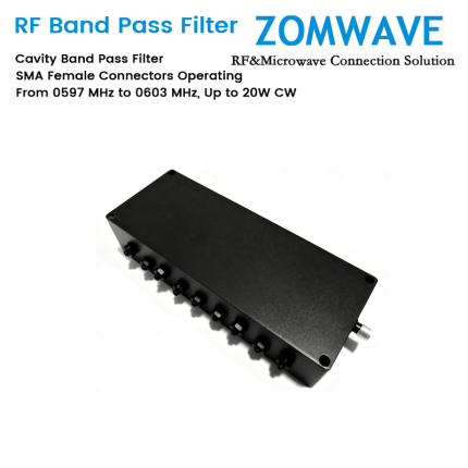 Cavity Band Pass Filter with SMA Female Connectors Operating From 0597 MHz to 0603 MHz, Up to 20W CW