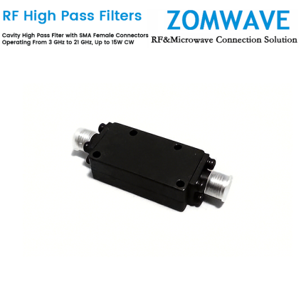 Cavity High Pass Filter with SMA Female Connectors Operating From 3 GHz to 21 GHz, Up to 15W CW
