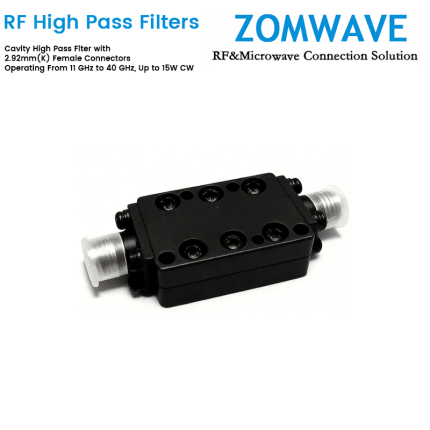 Cavity High Pass Filter with 2.92mm(K)- Female Connectors Operating From 11 GHz to 40 GHz, Up to 15W CW