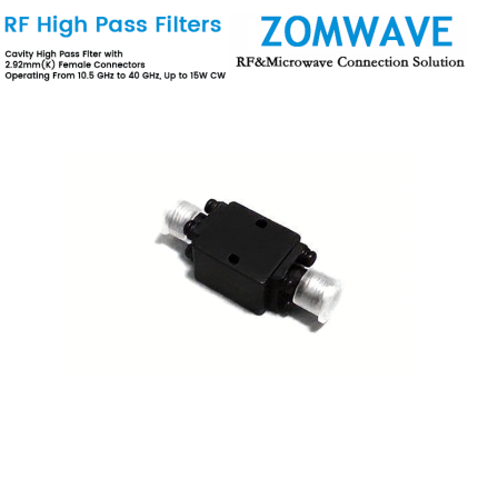 Cavity High Pass Filter with 2.92mm(K)- Female Connectors Operating From 10.5 GHz to 40 GHz, Up to 15W CW