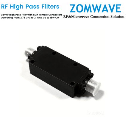 Cavity High Pass Filter with SMA Female Connectors Operating From 2.75 GHz to 21 GHz, Up to 15W CW