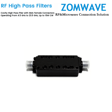 Cavity High Pass Filter with SMA Female Connectors Operating From 4.5 GHz to 23.5 GHz, Up to 15W CW