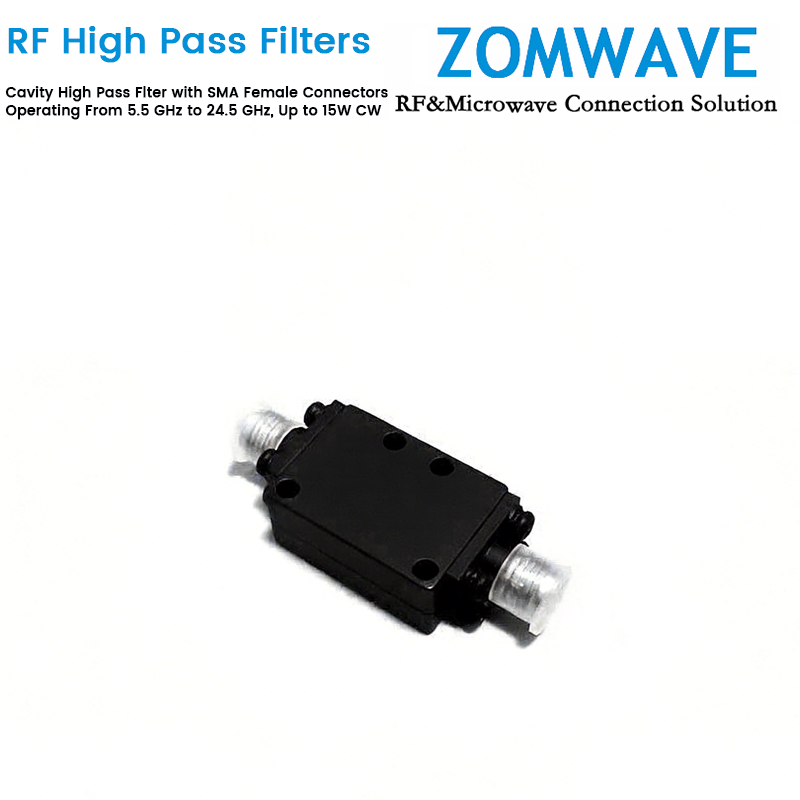 Cavity High Pass Filter with SMA Female Connectors Operating From 5.5 GHz to 24.5 GHz, Up to 15W CW