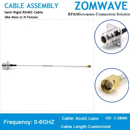 SMA Male to N Female 4 Hole Flange, Semi-Rigid RG402 Cable Assembly, 6GHZ