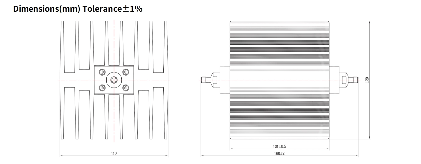 20dB Fixed Attenuator, SMA Female to SMA Female, 100Watts, DC-12.4GHz, Rectangular, VSWR1.35