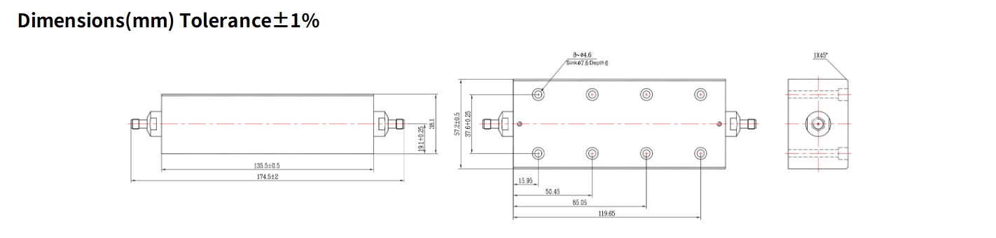 20dB Fixed Attenuator, SMA Female to SMA Female, 150Watts, DC-12.4GHz, Rectangular, VSWR1.35