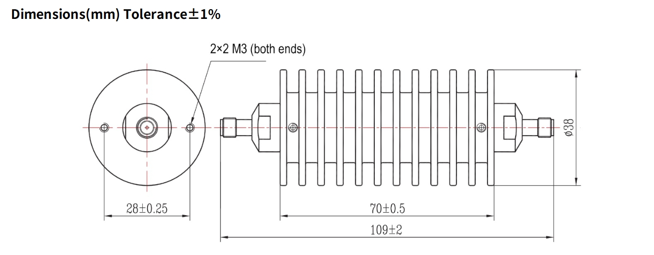 20dB Fixed Attenuator, SMA Female to SMA Female, 50Watts, DC-8.5GHz, Round, VSWR1.3