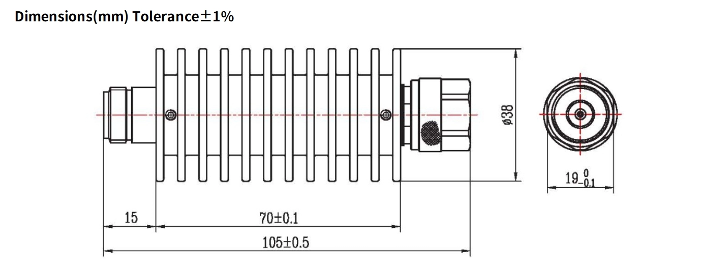 30dB Fixed Attenuator, N Male to N Female, 30Watts, DC-4GHz, Round, VSWR1.2