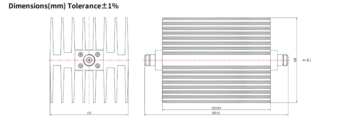 40dB Fixed Attenuator, N Female to N Female, 150Watts, DC-6GHz, Rectangular, VSWR1.25