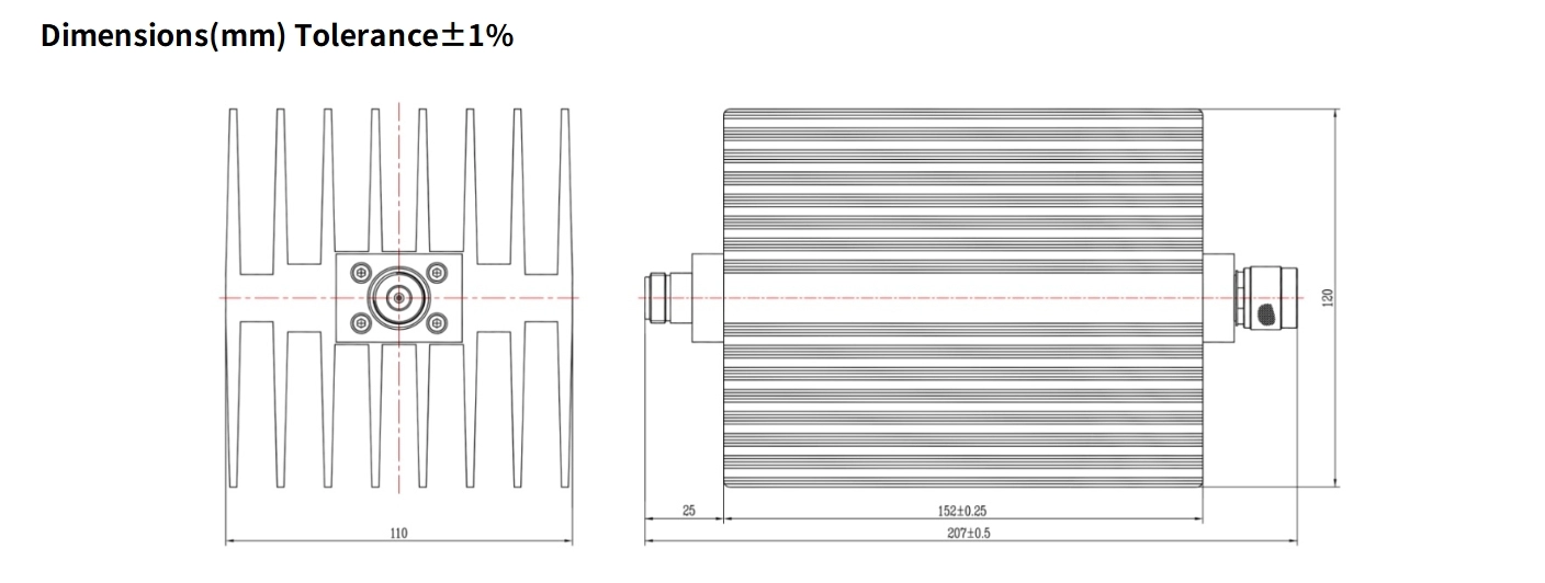 50dB Fixed Attenuator, N Male to N Female, 150Watts, DC-6GHz, Rectangular, VSWR1.25