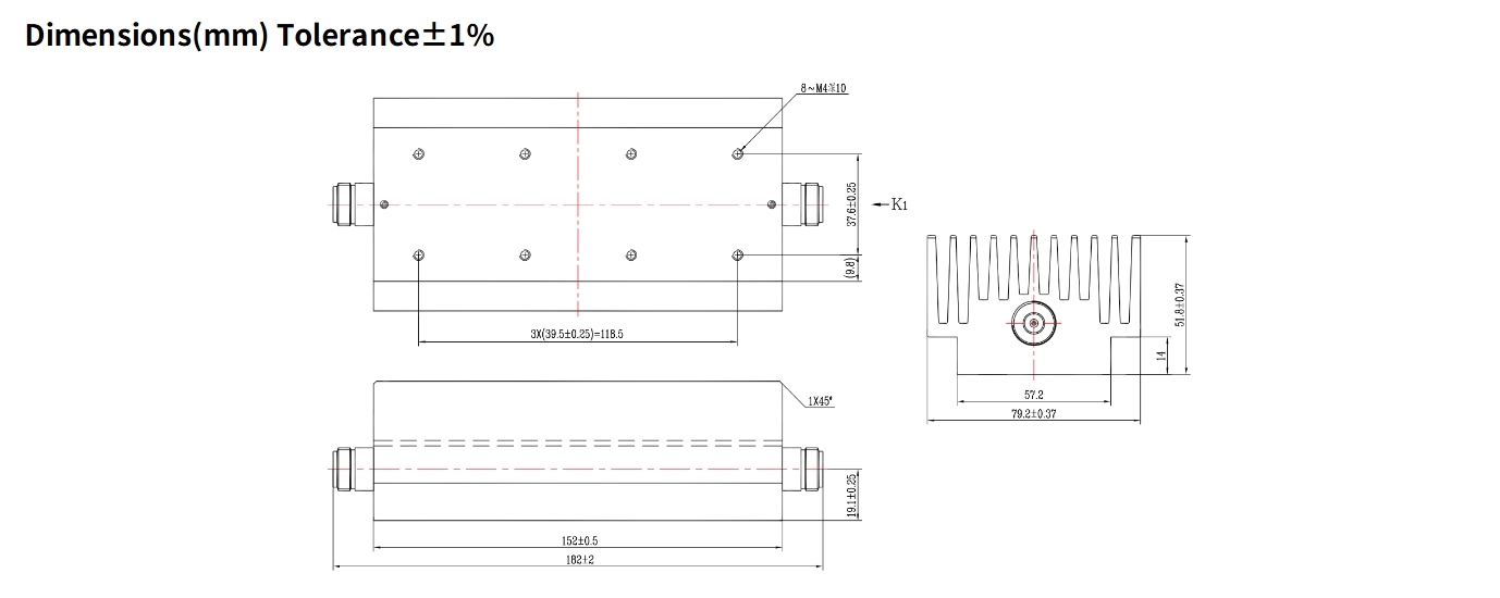 50dB Fixed Attenuator, N Female to N Female, 200Watts, DC-6GHz, Rectangular, VSWR1.2