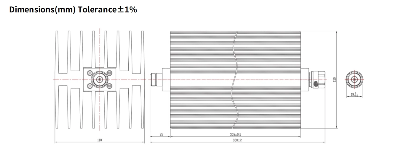 50dB Fixed Attenuator, N Male to N Female, 300Watts, DC-6GHz, Rectangular, VSWR1.25