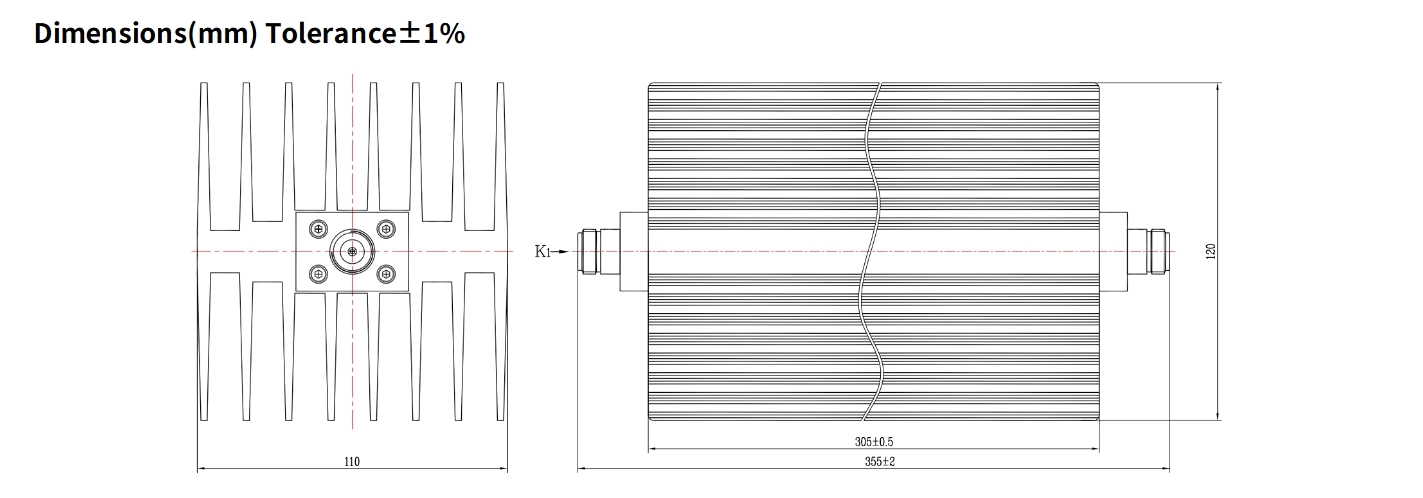 60dB Fixed Attenuator, N Female to N Female, 300Watts, DC-6GHz, Rectangular, VSWR1.25