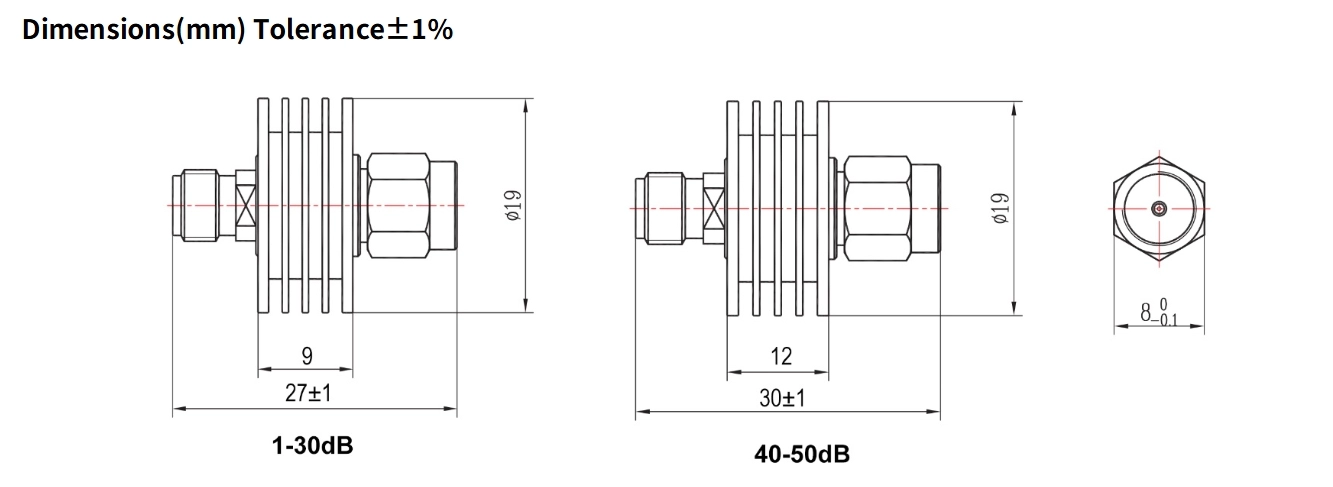 3dB Fixed Attenuator, SMA Male to SMA Female, 5Watts, DC-6GHz, Round, VSWR1.25