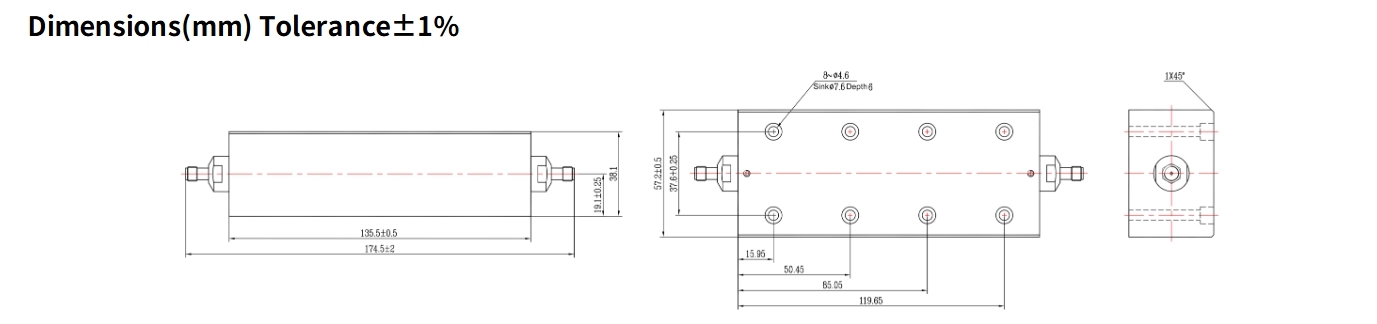 10dB Fixed Attenuator, SMA Female to SMA Female, 150Watts, DC-18GHz, Rectangular, VSWR1.45