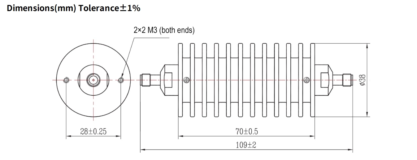 6dB Fixed Attenuator, SMA Female to SMA Female, 50Watts, DC-12.4GHz, Round, VSWR1.35