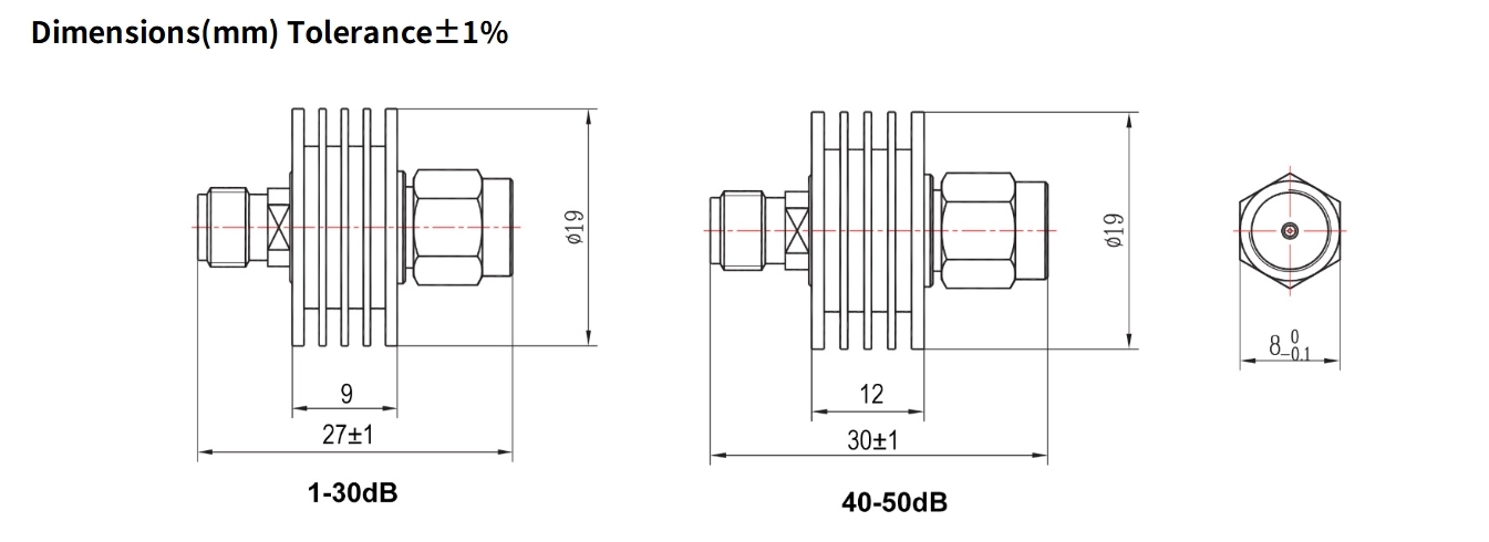 6dB Fixed Attenuator, SMA Male to SMA Female, 5Watts, DC-8.5GHz, Round, VSWR1.25