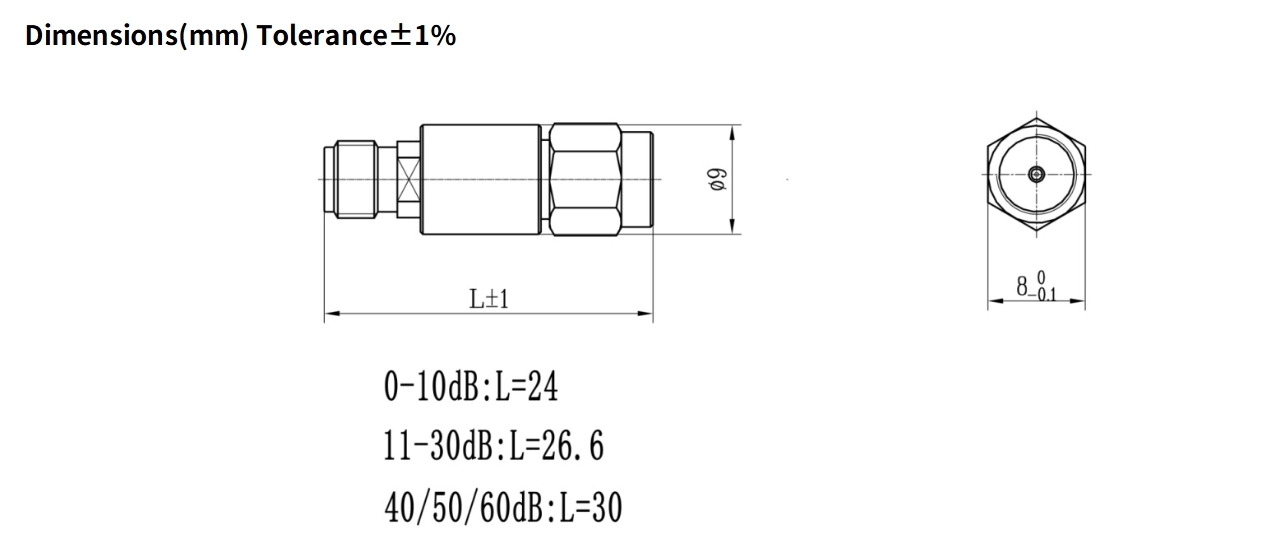 10dB Fixed Attenuator, SMA Male to SMA Female, 2Watts, DC-6GHz, Round, VSWR1.25