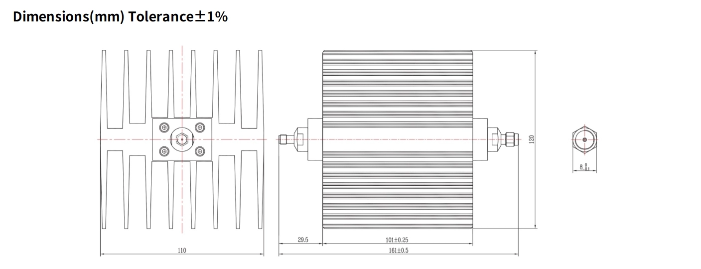20dB Fixed Attenuator, SMA Male to SMA Female, 100Watts, DC-12.4GHz, Rectangular, VSWR1.35