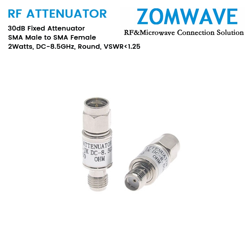 30dB Fixed Attenuator, SMA Male to SMA Female, 2Watts, DC-8.5GHz, Round, VSWR1.25 30dB Fixed Attenuator, SMA Male to SMA Female, 2Watts, DC-8.5GHz, Round, VSWR1.25