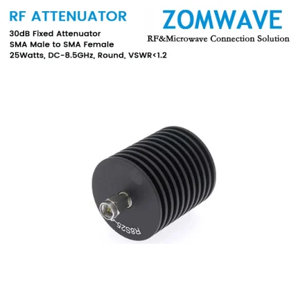 30dB Fixed Attenuator, SMA Male to SMA Female, 25Watts, DC-8.5GHz, Round, VSWR1.2
