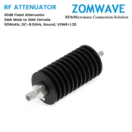30dB Fixed Attenuator, SMA Male to SMA Female, 50Watts, DC-8.5GHz, Round, VSWR1.25