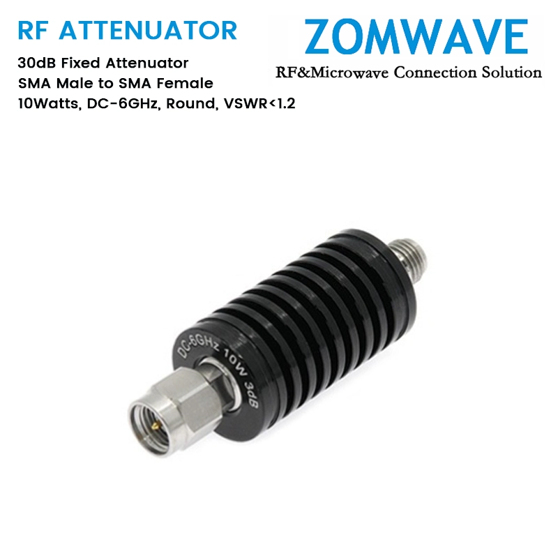 30dB Fixed Attenuator, SMA Male to SMA Female, 10Watts, DC-6GHz, Round, VSWR1.2 30dB Fixed Attenuator, SMA Male to SMA Female, 10Watts, DC-6GHz, Round, VSWR1.2