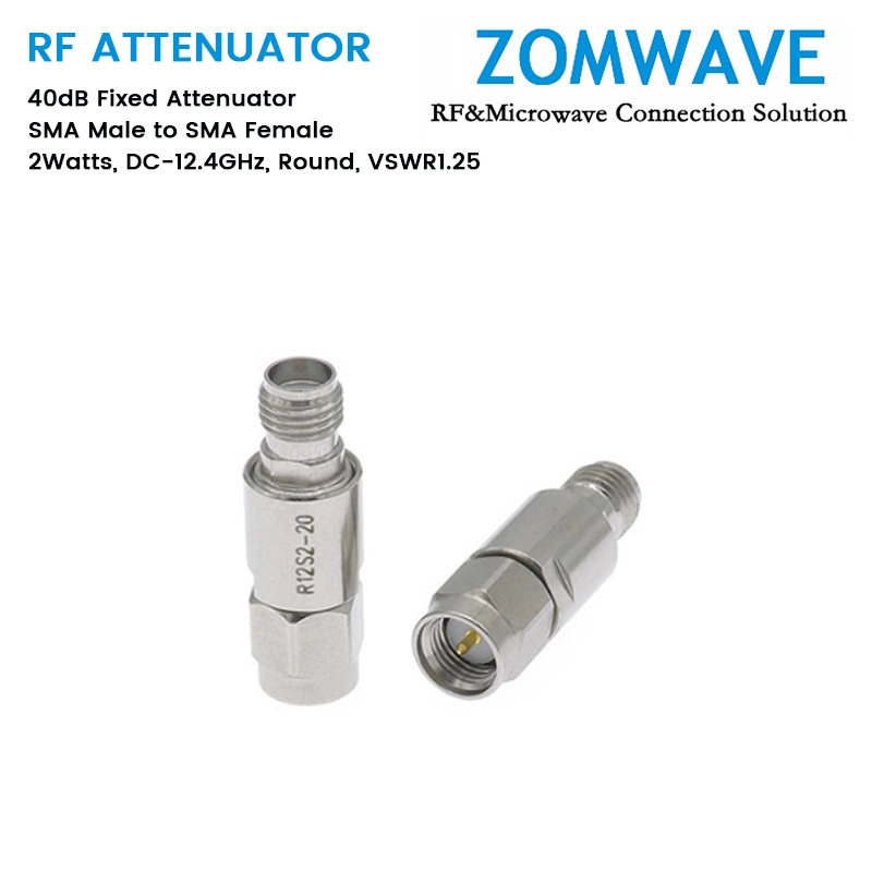 40dB Fixed Attenuator, SMA Male to SMA Female, 2Watts, DC-12.4GHz, Round, VSWR1.25 40dB Fixed Attenuator, SMA Male to SMA Female, 2Watts, DC-12.4GHz, Round, VSWR1.25