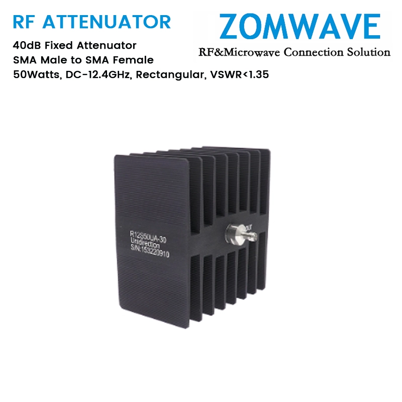 40dB Fixed Attenuator, SMA Male to SMA Female, 50Watts, DC-12.4GHz, Rectangular, VSWR1.35 40dB Fixed Attenuator, SMA Male to SMA Female, 50Watts, DC-12.4GHz, Rectangular, VSWR1.35