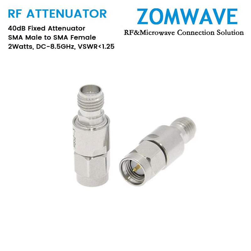 40dB Fixed Attenuator, SMA Male to SMA Female, 2Watts, DC-8.5GHz, VSWR1.25 40dB Fixed Attenuator, SMA Male to SMA Female, 2Watts, DC-8.5GHz, VSWR1.25