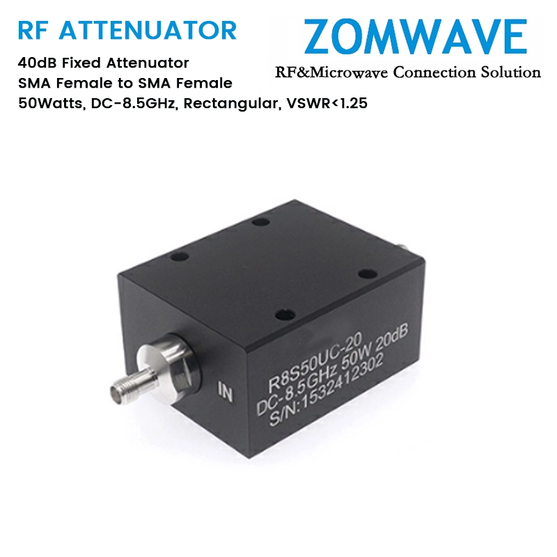 40dB Fixed Attenuator, SMA Female to SMA Female, 50Watts, DC-8.5GHz, Rectangular, VSWR1.25 40dB Fixed Attenuator, SMA Female to SMA Female, 50Watts, DC-8.5GHz, Rectangular, VSWR1.25