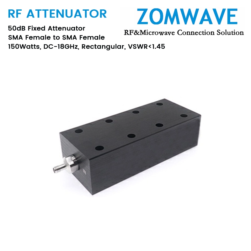 50dB Fixed Attenuator, SMA Female to SMA Female, 150Watts, DC-18GHz, Rectangular, VSWR1.45 50dB Fixed Attenuator, SMA Female to SMA Female, 150Watts, DC-18GHz, Rectangular, VSWR1.45