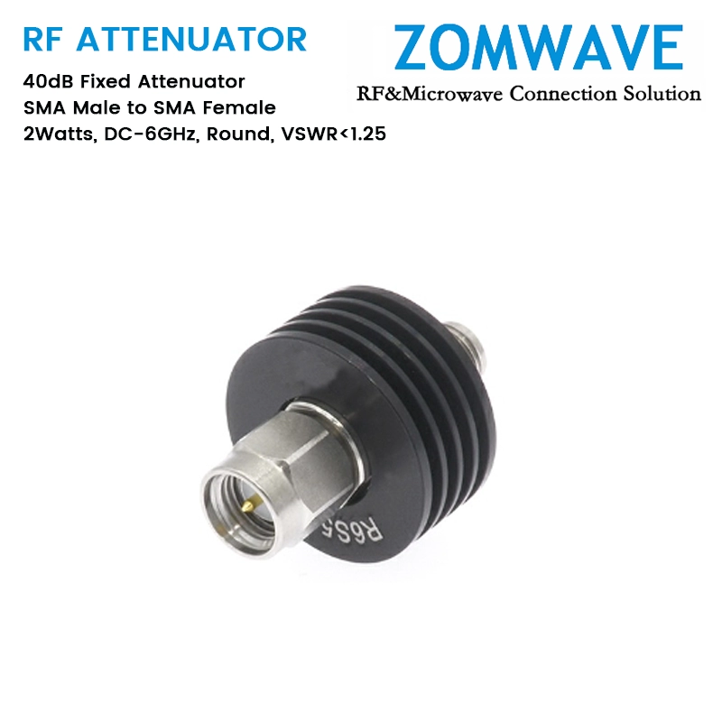 40dB Fixed Attenuator, SMA Male to SMA Female, 5Watts, DC-6GHz, Round, VSWR1.25 40dB Fixed Attenuator, SMA Male to SMA Female, 5Watts, DC-6GHz, Round, VSWR1.25