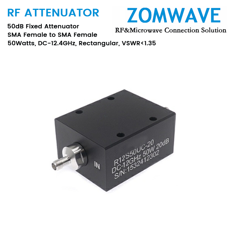 50dB Fixed Attenuator, SMA Female to SMA Female, 50Watts, DC-12.4GHz, Rectangular, VSWR1.35 50dB Fixed Attenuator, SMA Female to SMA Female, 50Watts, DC-12.4GHz, Rectangular, VSWR1.35