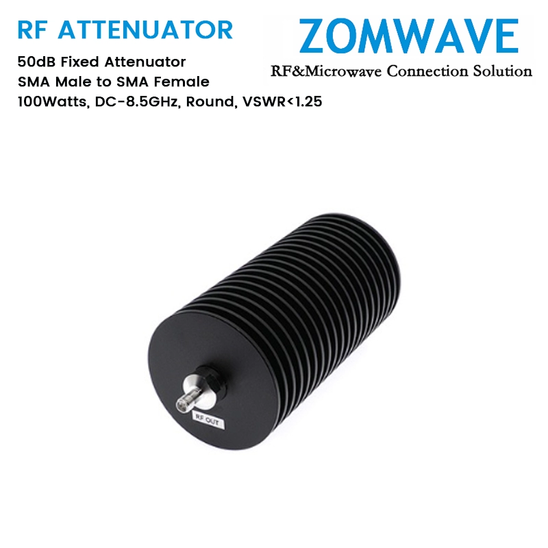 50dB Fixed Attenuator, SMA Male to SMA Female, 100Watts, DC-8.5GHz, Round, VSWR1.25 50dB Fixed Attenuator, SMA Male to SMA Female, 100Watts, DC-8.5GHz, Round, VSWR1.25