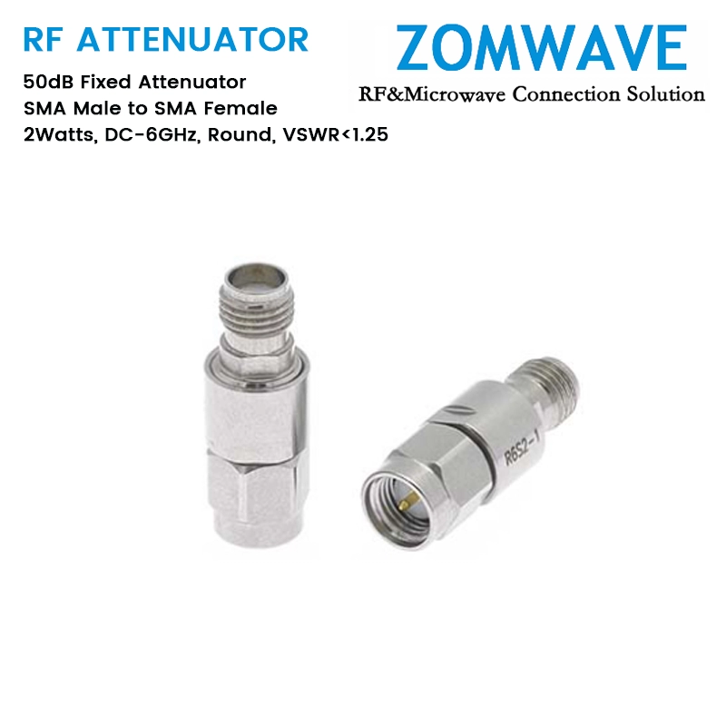 50dB Fixed Attenuator, SMA Male to SMA Female, 2Watts, DC-6GHz, Round, VSWR1.25 50dB Fixed Attenuator, SMA Male to SMA Female, 2Watts, DC-6GHz, Round, VSWR1.25