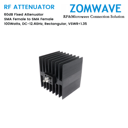 60dB Fixed Attenuator, SMA Female to SMA Female, 100Watts, DC-12.4GHz, Rectangular, VSWR1.35