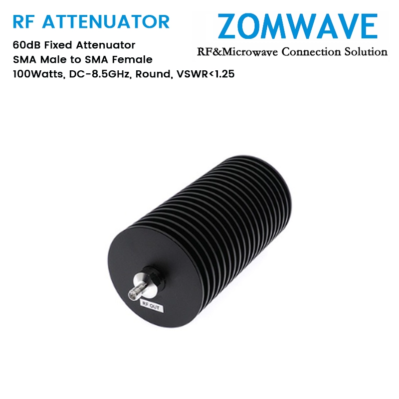 60dB Fixed Attenuator, SMA Male to SMA Female, 100Watts, DC-8.5GHz, Round, VSWR1.25 60dB Fixed Attenuator, SMA Male to SMA Female, 100Watts, DC-8.5GHz, Round, VSWR1.25
