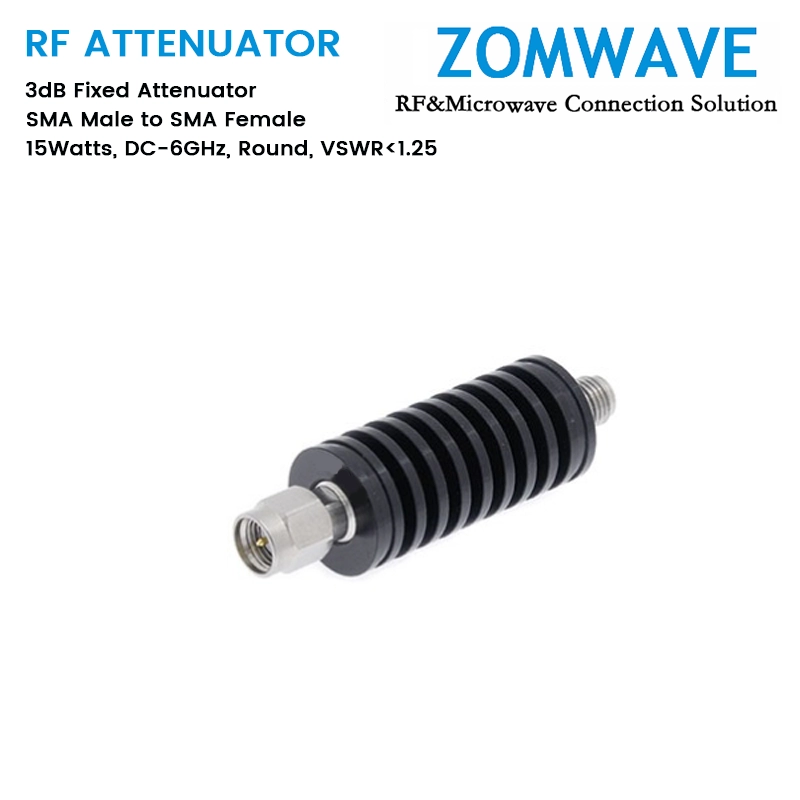 3dB Fixed Attenuator, SMA Male to SMA Female, 15Watts, DC-6GHz, Round, VSWR1.25 3dB Fixed Attenuator, SMA Male to SMA Female, 15Watts, DC-6GHz, Round, VSWR1.25