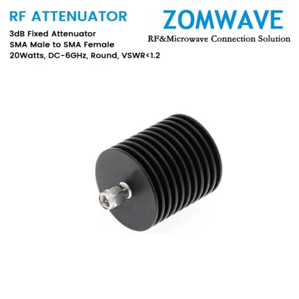 3dB Fixed Attenuator, SMA Male to SMA Female, 20Watts, DC-6GHz, Round, VSWR1.2