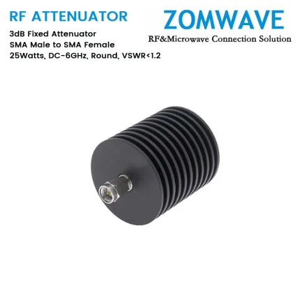 3dB Fixed Attenuator, SMA Male to SMA Female, 25Watts, DC-6GHz, Round, VSWR1.2